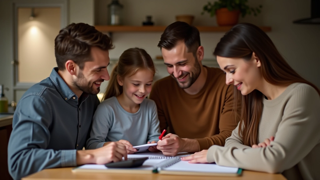 Rodina sedící u stolu s rozpočtem a kalkulačkou, analýza domácích výdajů