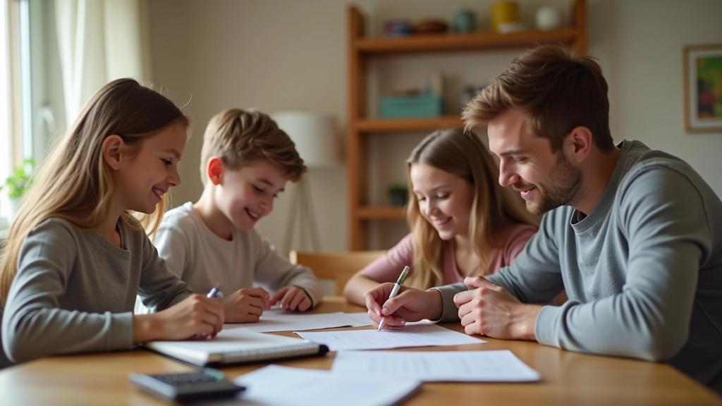 Rodina plánuje domácí rozpočet u stolu s kalkulačkou a poznámkami