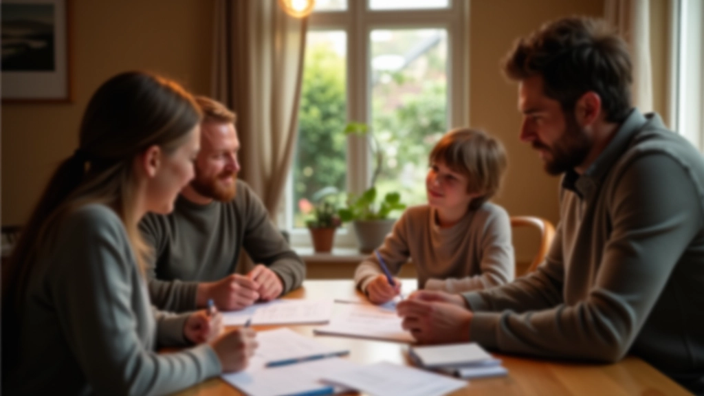 Rodina u stolu diskutuje o rozpočtu a finančních plánech