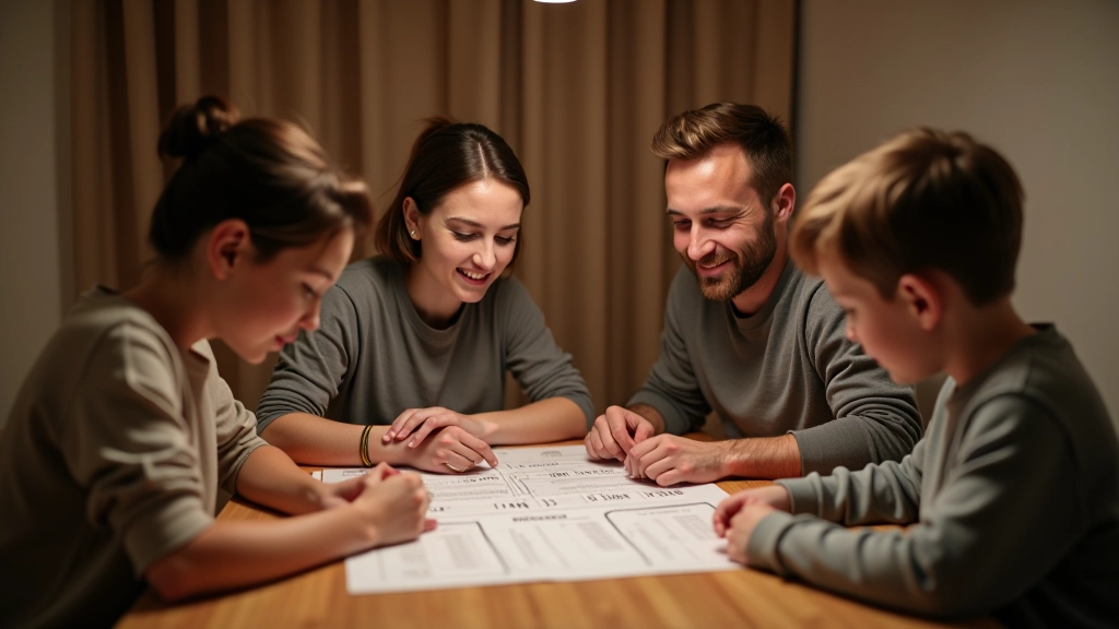 Rodina sedí kolem stolu a diskutuje, všichni se podívají na papír se čísly