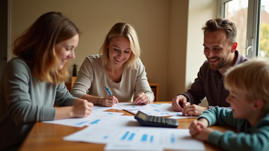 Rodina při plánování rozpočtu kolem stolu s papíry a kalkulačkou