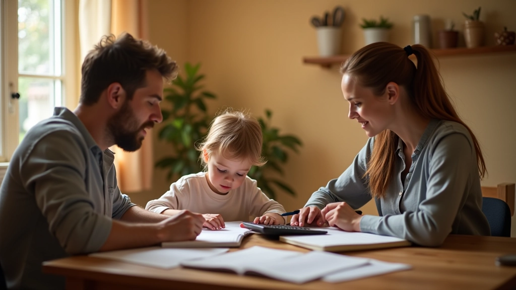 Rodina plánující rozpočet u stolu