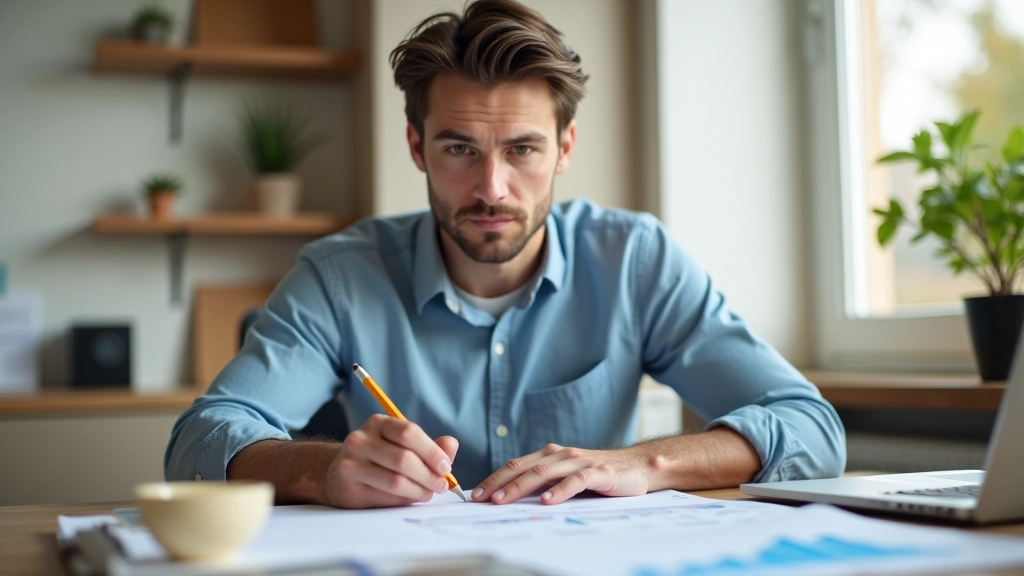Muž si prohlíží rodinný rozpočet na papíru s tužkou v ruce