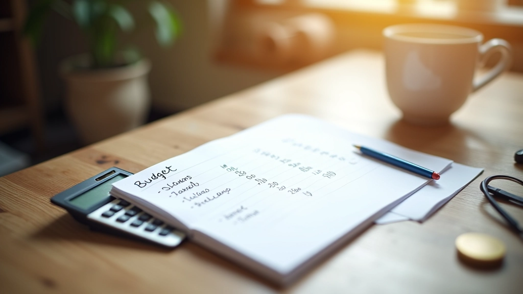 Notebook s grafem výdajů, kalkulačka a tužka na stole