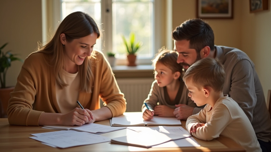 Rodina plánující rozpočet, srdečné domácí prostředí s rodiči a dětmi, spolupráce a finanční vzdělání